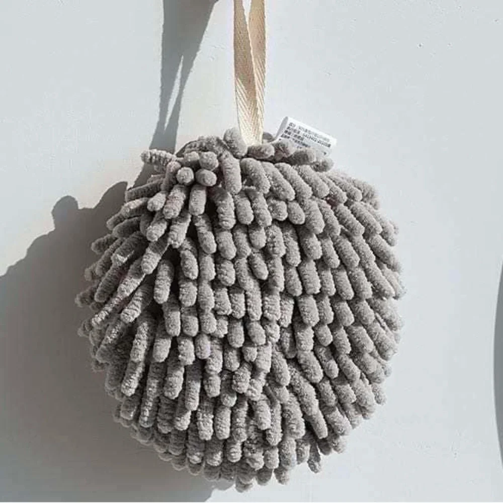 Puff hand towel in gray chenille soft, with hanging rope, high absorbent, fluffy